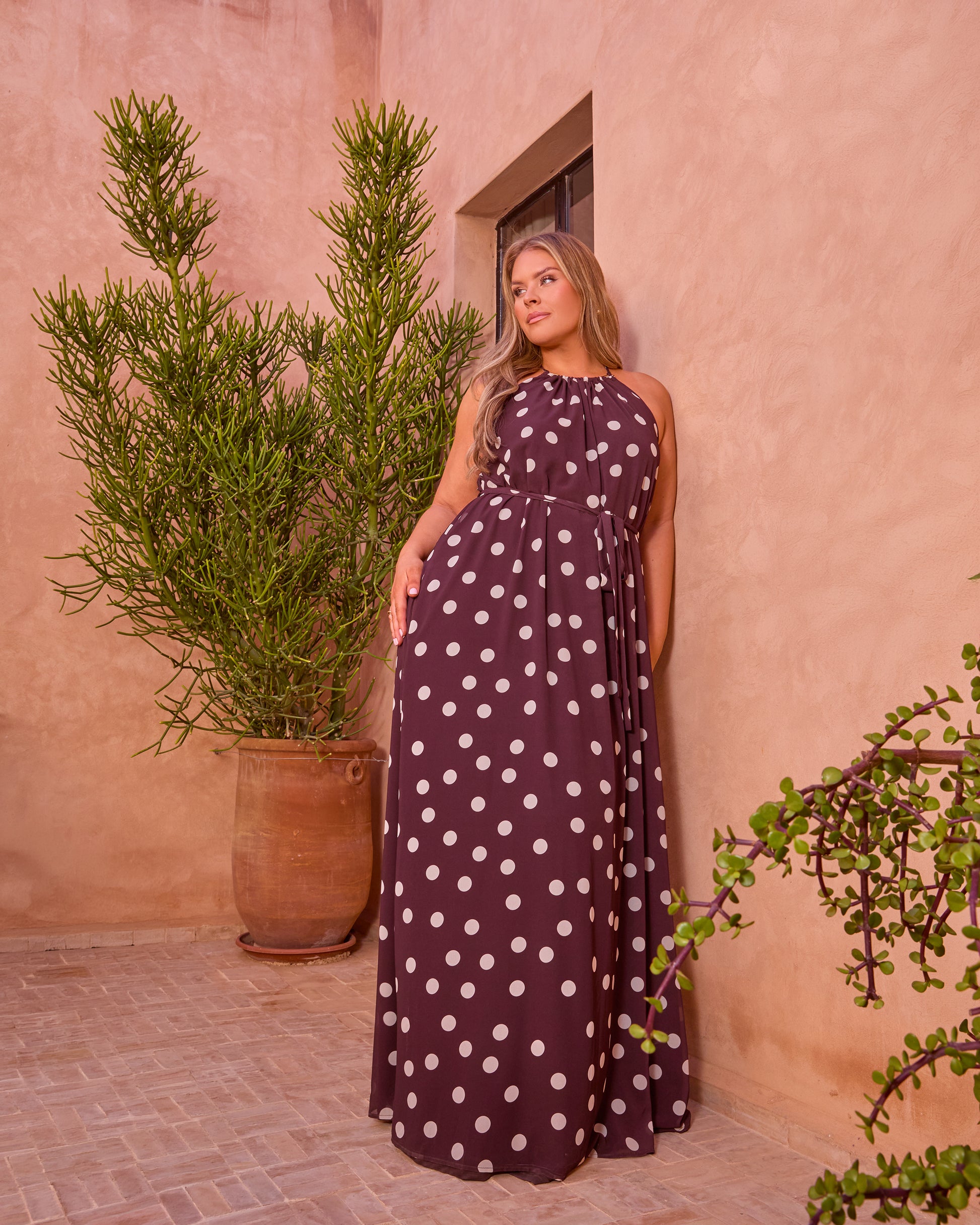 polka dot belted a line dress POLKA DOT BELTED TRAPEZE MAXI DRESS – Deserve