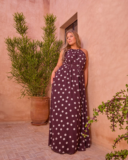 ESPRESSO POLKA DOT BELTED TRAPEZE MAXI DRESS