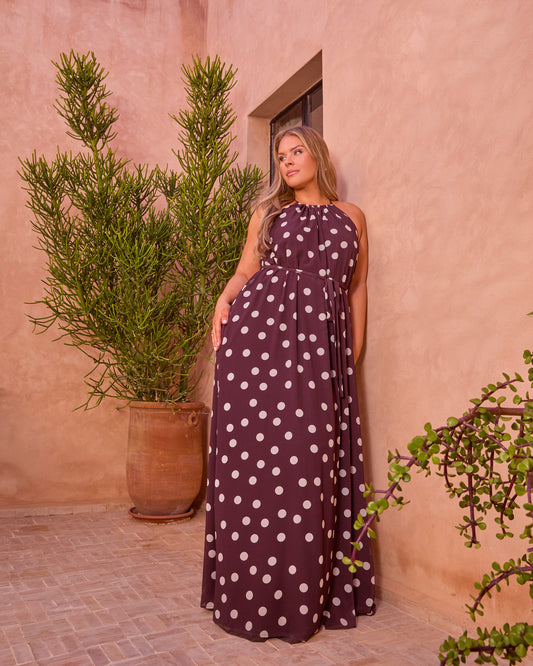 POLKA DOT BELTED TRAPEZE MAXI DRESS