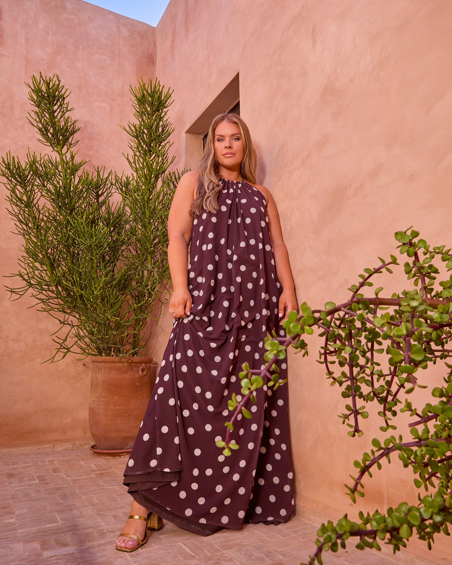ESPRESSO POLKA DOT BELTED TRAPEZE MAXI DRESS