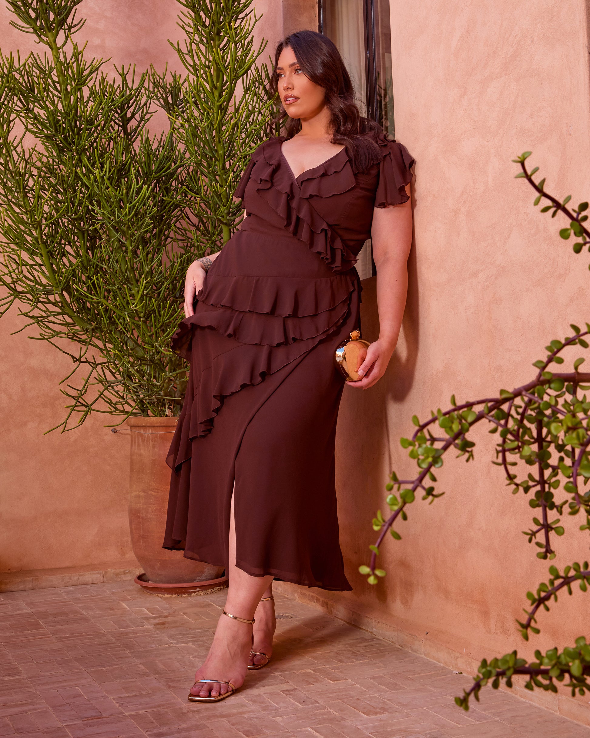 ESPRESSO RUFFLE WRAP CHIFFON MAXI DRESS – Deserve