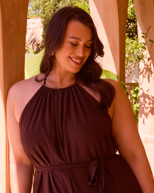 HALTERNECK WIDE LEG BELTED JUMPSUIT