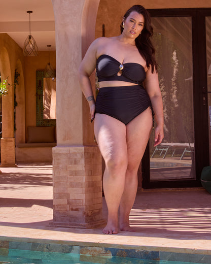 BLACK RUCHED HIGH WAISTED BIKINI BOTTOMS