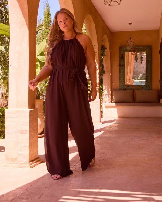 HALTERNECK WIDE LEG BELTED JUMPSUIT