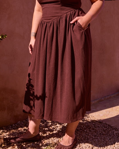 TEXTURED SHIRRED FULL SKIRT MIDI DRESS