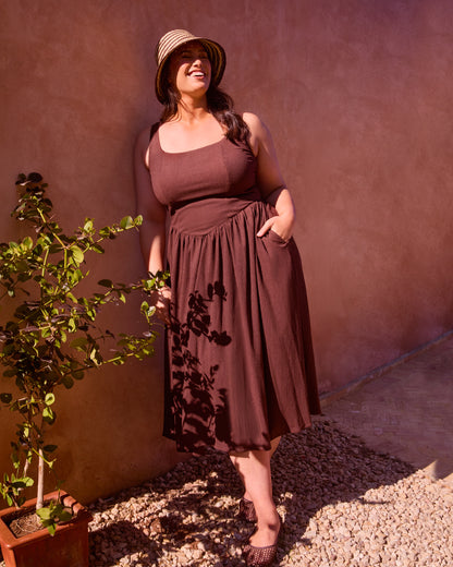 TEXTURED SHIRRED FULL SKIRT MIDI DRESS
